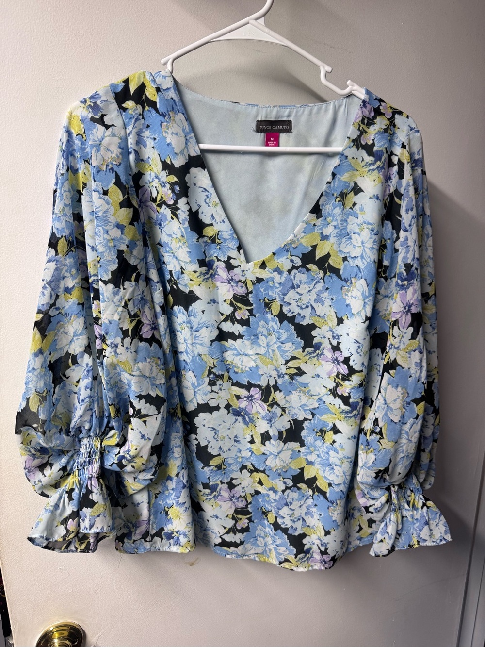 Vince Camuto Light Blue Floral V-Neck Blouse